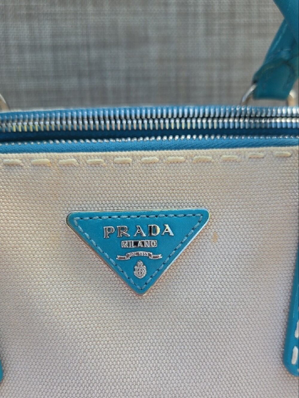 Prada Beige Canvas Satchel with Teal Leather Trim - Picture 3 of 17